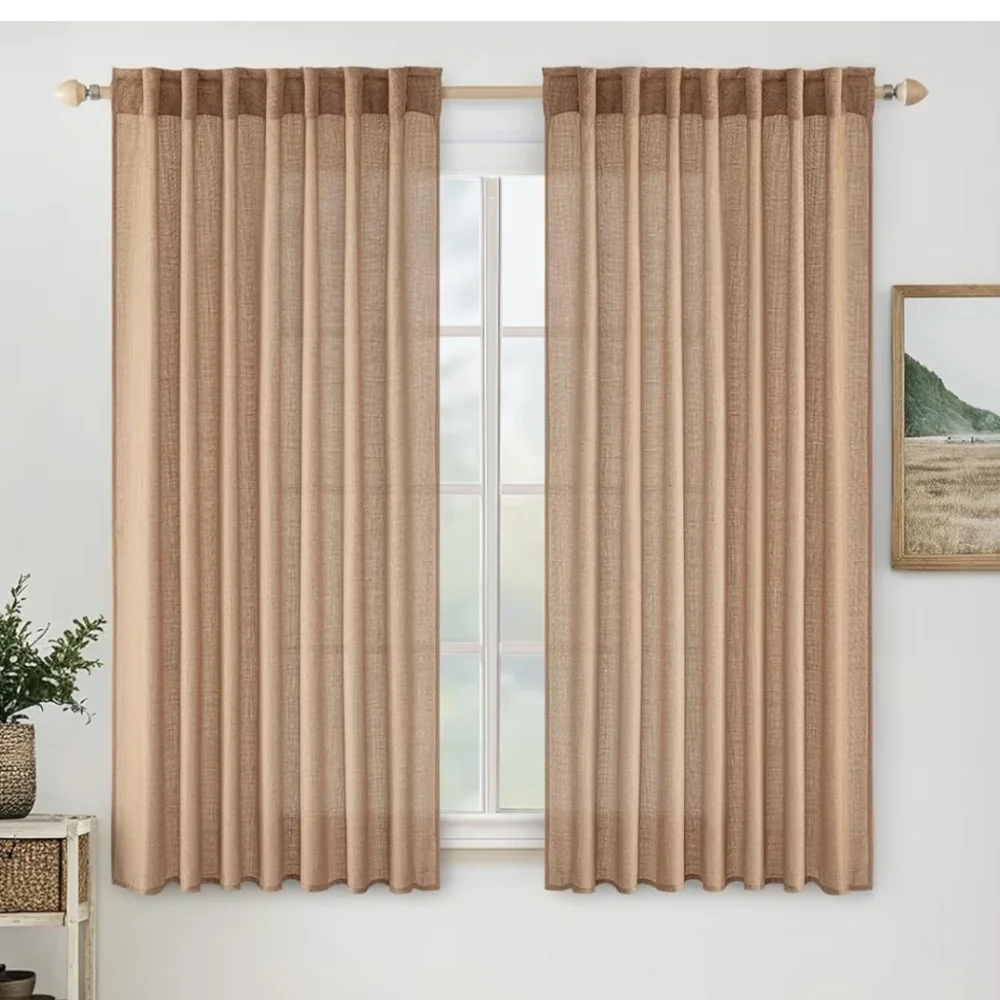 2 Light Brown Linen Color 52Wx63L Textured Burlap Semi Sheer Curtain Panels